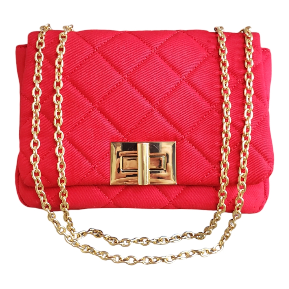 Katrina Szish Jelavu Barney Bag Red  Cotton Canvas Gold Chain Convertible Strap